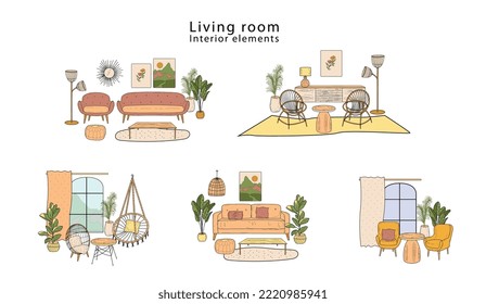 A set of sketches of furniture for the living room, hand-drawn in the Art Nouveau and vintage style, boho.
