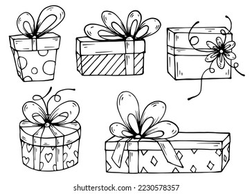 A set of sketches of gifts in a festive package with bows and ribbons.Vector graphics.