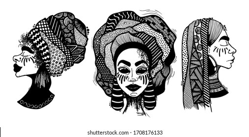 set of sketches of girls in scarves with an ornament
