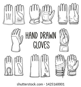 Set of sketches of gloves. Men's and women's fashion accessories: leather and textile gloves. Casual wear. Sportswear. Black outline hand drawn illustration isolated on white