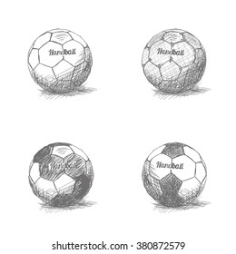 Set of sketches of handball balls on a white background