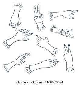 A set of sketches of hands in different positions. Vector illustration.