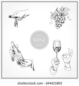 Set of sketches of hands with glass and bottle of wine, sommelier. Vector illustration isolated on white