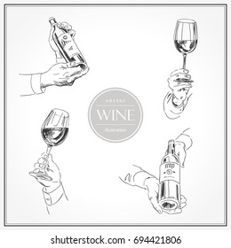 Set of sketches of hands with glass and bottle of wine, sommelier. Vector illustration isolated on white