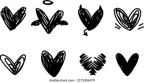 A set of sketches of hearts drawn with a black line. A collection of heart shape sketches.