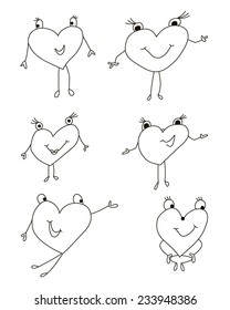 Set of sketches hearts with eyes, arms and legs isolated on white background. Vector characters.