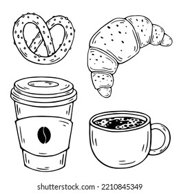 Set of sketches of hot drink coffee and crispy croissant and donut with icing.Isolated vector graphic.