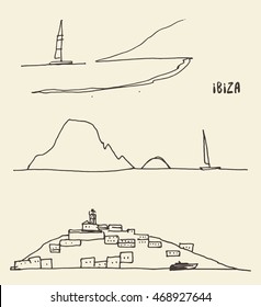 Set of a sketches of Ibiza landscapes, vector illustration