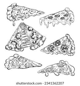 Set of sketches of italian pizza slices. Italian fast food. Pizza pepperoni, salami, mushroom. Illustration for menu. Engraved style.