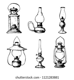 Set of sketches of kerosene lamps