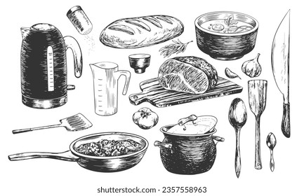 Set of sketches of kitchen utensils for cooking. Hand drawn kettle, spoons, knife, spatula, pot, frying pan, measuring cup, roast beef on cutting board isolated on white background. Illustration