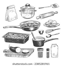 Set of sketches of kitchen utensils for cooking. Cooking pot, saucepan, spice packs, pepper shaker, frying pan, rolling pin, cutting board, spoon isolated on white. Hand drawn illustration. Cookware