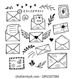 A set of sketches of letters and postal envelopes.