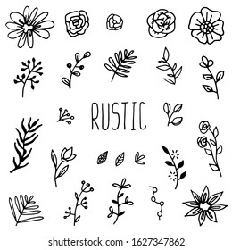 set of sketches and line doodles, hand drawn design elements, isolated flowers, leaves, herbs, for decoration prints, labels, patterns, vector illustration. Lettering Rustic. Coloring book.