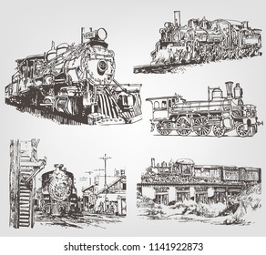 A set of sketches of a locomotive. Graphic drawing