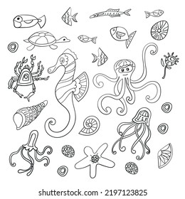 A set of sketches of marine life. Doodle, seahorse, fish, jellyfish, crab, starfish. Linear drawing, black and white. decorative element, freehand drawing. for textile design, coloring books
