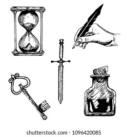 A set of sketches of objects. A dagger, a key, a jar, an hourglass, a hand with a feather. Alchemic objects,