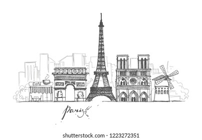 A set of sketches on the theme of Paris in retro style. Abstract cityscape with landmarks