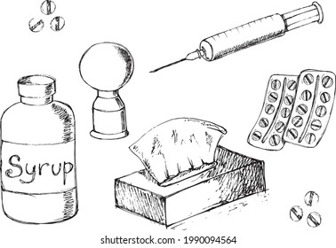 A set of sketches on the theme of sick leave, hand-drawn