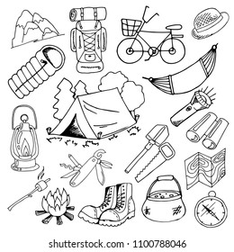 set of sketches on theme of summer, hiking and camping, hand drawing, black and white on a white background, design elements, vector illustration