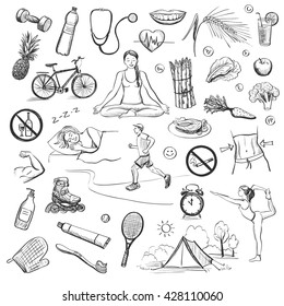 Set of sketches on a white background healthy lifestyle.