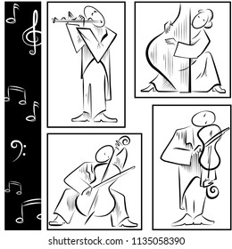 set of sketches of orchestra musicians, violinist, harper, cellist, flutist