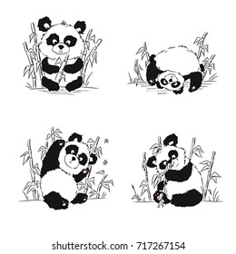 A set of sketches with a panda cub. Panda sitting, eating, playing. Hand drawing.