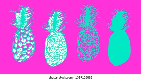 Set of sketches of pineapples, ananas in doodle style. Hand drawh manual graphics. Silhouettes and contours tropical fruits. Elements for design isolated on pink background. Vector illustration.