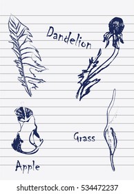 A set of sketches of plants on notebook paper. Plants. Template of tender for cards, wrapping paper, or web design. Vector illustration