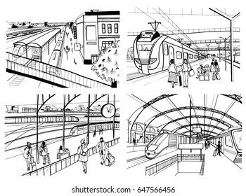 Set Of Sketches With Railway Station. Passengers On Platform, Waiting, Arriving And Departing Train. Hand Drawn Black And White Vector Illustration.