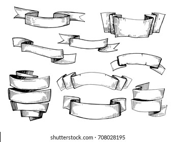 Conjunto de bocetos de cintas. Ilustración dibujada a mano convertida en vector