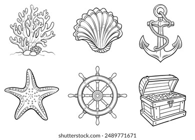 Set of sketches of sea plants and objects. Reef, chest, shell