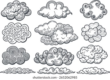 Conjunto de esboços de várias formas de nuvens Doodle
