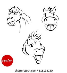 A set of sketches of a smiling muzzle horses isolated on white background. Vector illustration.