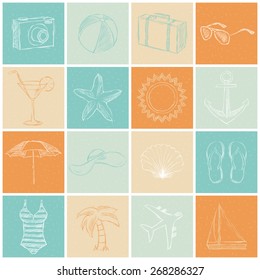 Set of sketches of solar subjects, hand drawing icons, vector illustration, collection of drawings tourism and leisure