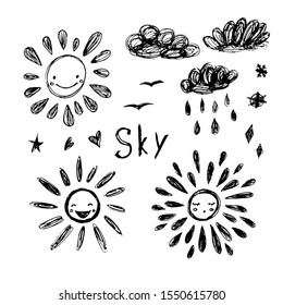 Set of sketches of suns and clouds drawn by hand.