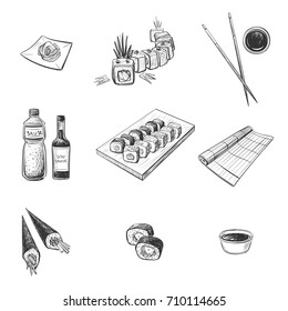 A set of sketches of sushi rolls isolated on a white background