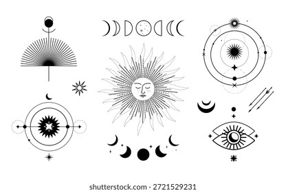 Set of sketches for tattoo elements in the style of celestial design. Sun, moon, arrows, magic eye. Line art.
