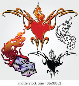 Set of sketches for tattoos: heart, flame, playing bones, tribal