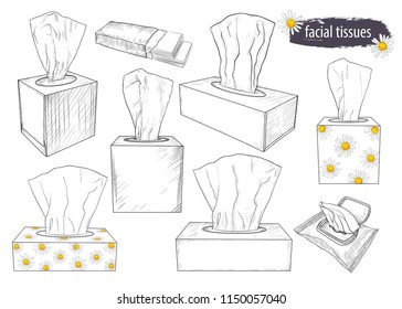 A Set Of Sketches Of Tissue Boxes . Facial Tissues, Wet Wipes And Paper Handkerchiefs. Hand-drawn Vector Illustration. Isolated Objects On White Background.
