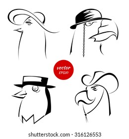 A set of sketches of various characters silhouettes of birds isolated on a white background. Vector illustration.