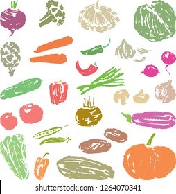 A set of sketches of various ripe vegetables