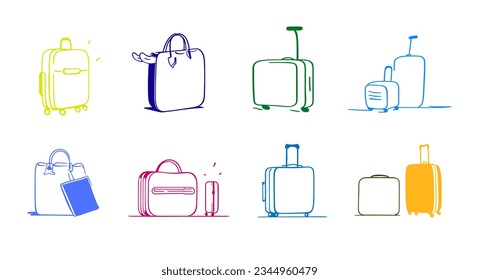 A set of sketches of various travel suitcases. Color vector illustration. Luggage icons set. Editable stroke icon.