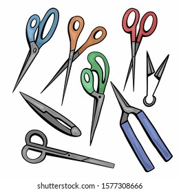 Set of sketches of various types of color scissors. Secateurs and nippers. Sewing, gardening and hairdressing scissors. Contour cartoon vector objects separately from the background.