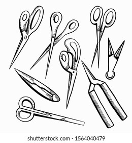 Set of sketches of various types of scissors with hatching. Secateurs and nippers. Sewing, gardening and hairdressing scissors. Contour vector objects separately from the background.
