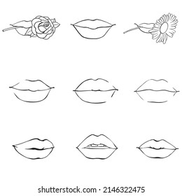 Set of sketches vector illustrations-Mouth with teeth. Female lips isolated on a white background. Perfect for invitations, greeting cards, quotes, blogs, posters.