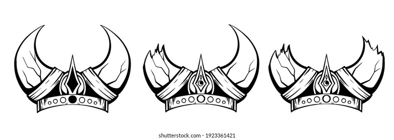 Set of sketches of viking helmets with horns. Armor of barbarians and warriors. Vector hand drawn black and white ink drawing. Tattoo and print on stuff.