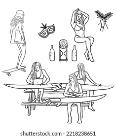 A set of sketches of a woman with a surfboard and a skateboard