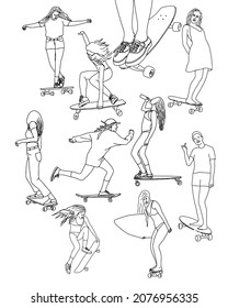 A set of sketches of women playing skateboards