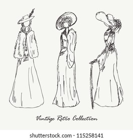 Set with sketches of women in retro clothes. Ladies in vintage dresses. Hand drawn collection of modern women silhouette for magazines, books, carts